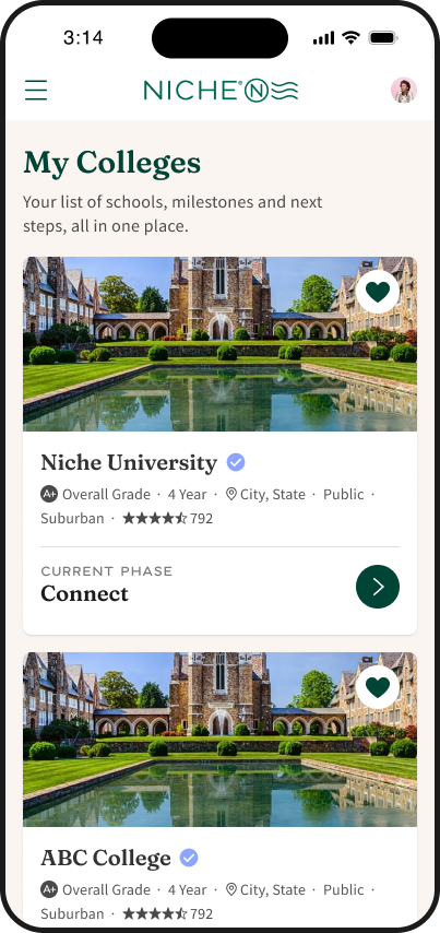 Niche My Colleges, student list view